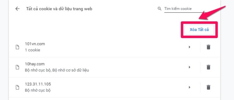 Bước 5 xóa Cookies trên trình duyệt