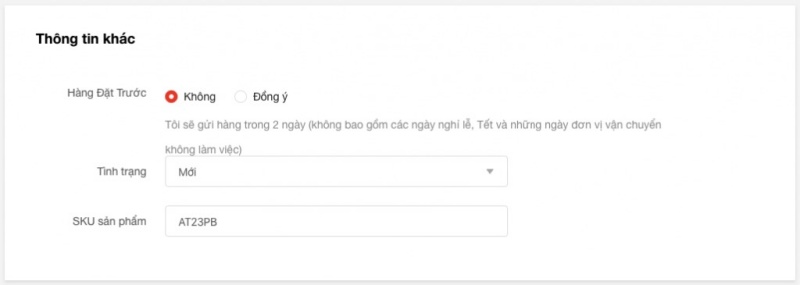 Trong trang sản phẩm trên Shopee, bạn điền SKU sản phẩm vào phần Thông tin khác ở cuối trang.