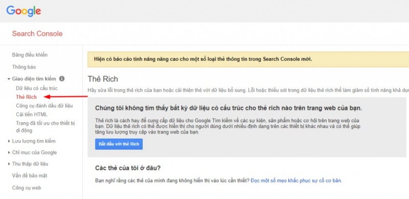 Xem Rich cards trong Search Console – Nếu web bạn có, nó sẽ hiển thị chi tiết