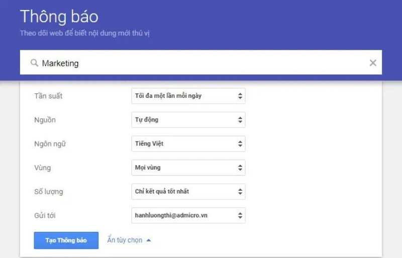 Giao diện đơn giản của Google Alerts