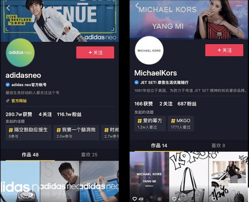 Kênh chính thức của Adidasneo và MichaelKors trên TikTok Trung Quốc
