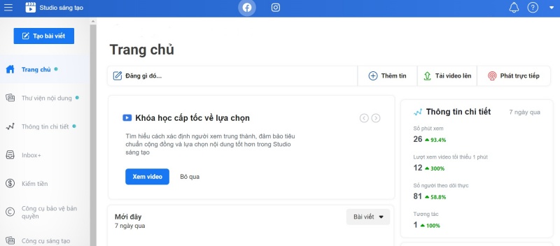 Đăng nhập vào studio sáng tạo để đăng bài viết trên facebook