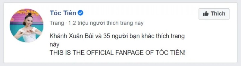 Ví dụ về trang Fanpage của nữ ca sĩ Tóc Tiên sở hữu tích xanh Facebook