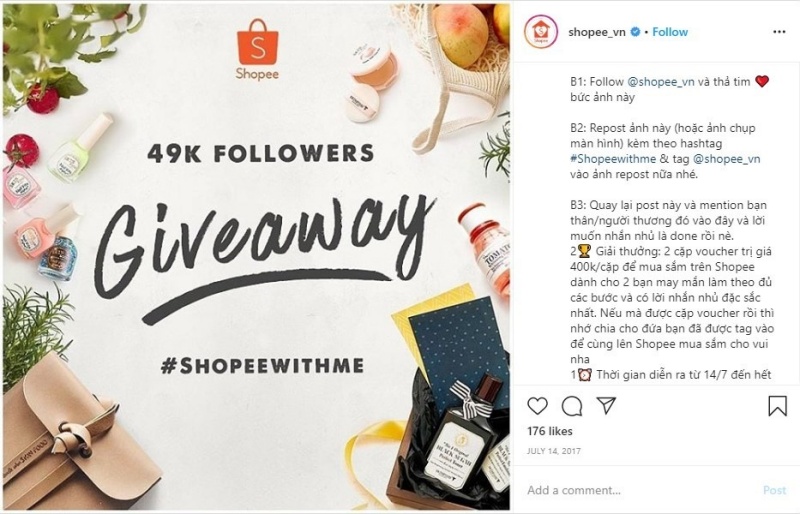 Ví dụ về Giveaway trên Instagram của Shopee