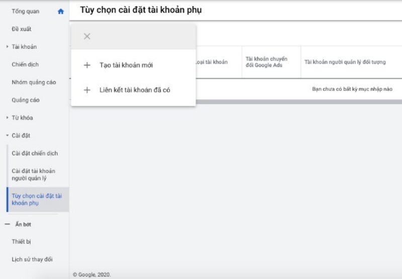 Liên kết tài khoản Google MCC với tài khoản có sẵn.