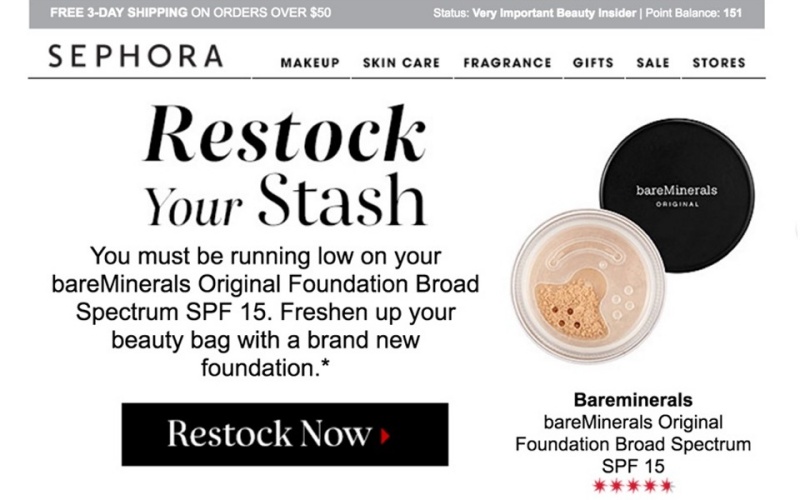 Email Sephora gửi cho khách hàng khi đến thời điểm sản phẩm của họ sắp hết